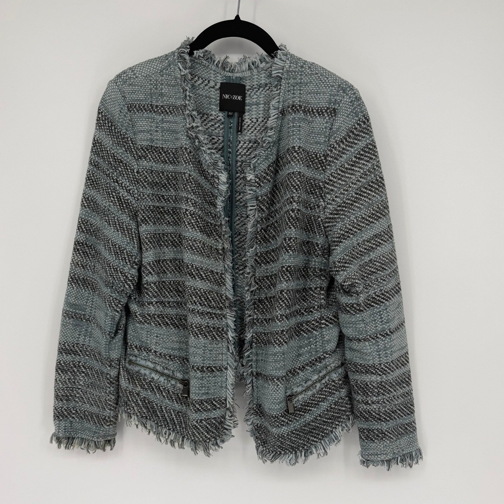 Nic+Zoe Blue Gray Striped Fringe Open Front Jacket Petite Medium PM